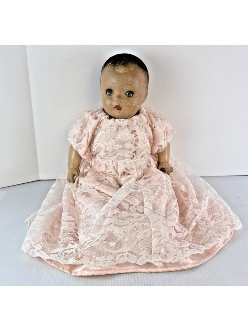 Antique Composition Baby Doll 1900s Sleepy Eyes Pink Lace Dress Crazed Head 15"